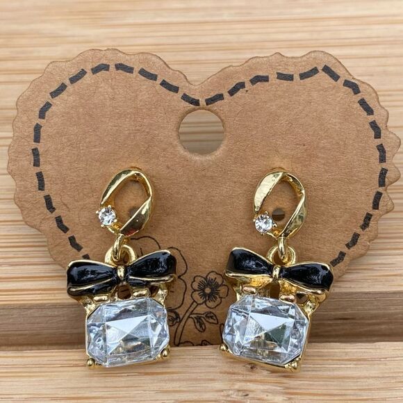 NWOT NEW Gold and Black Bow Crystal/Rhinestone Post Back Earrings - Picture 5 of 5